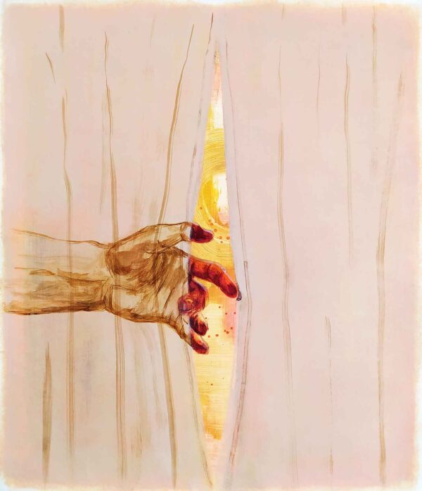 Main qui ouvre un rideau sur fond galactique