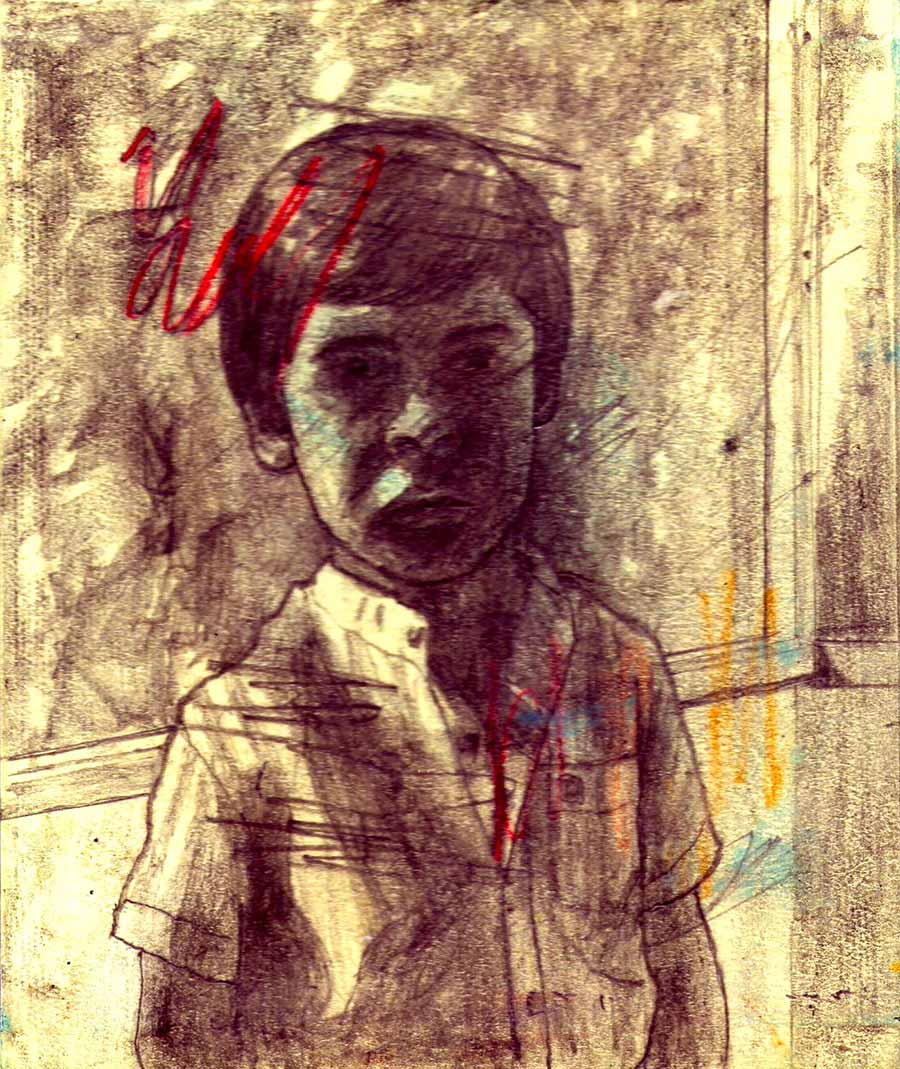 visage et partie supérieure du corp d'enfant fond jaune avec des traits rouges