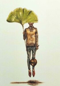 homme qui se detache du sol et qui porte une grande feuille de gingko main droite et un fruit de gingko main gauche