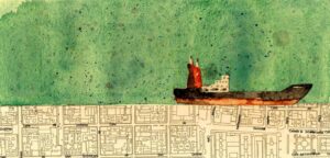 bateau à droite sur fond vert et l'eau est une carte d'une ville en blanc et noir