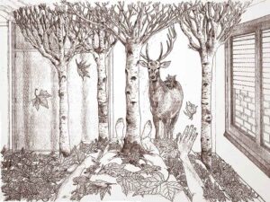 Biche à l'intérieur d'une chambre avec des arbres, un homme est alongé sur le lit, un arbre lui sort de la poitrine. Blanc et noir.