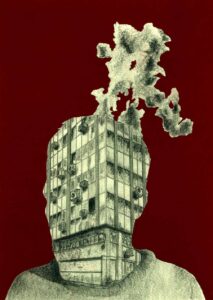 silhouette d'homme partie supérieure du corp et tête, à l'intérieur de la même un batîment en gris et blanc et une fumée qui sort de sa tête sur fond rouge bordeaux